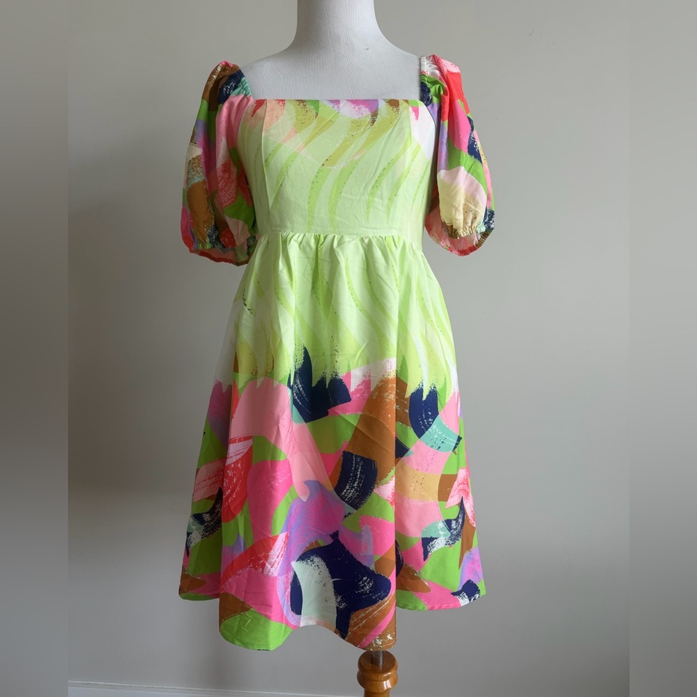 Joy Joy Neon Lime Multicolor Abstract Puff-Sleeve Dress in XS